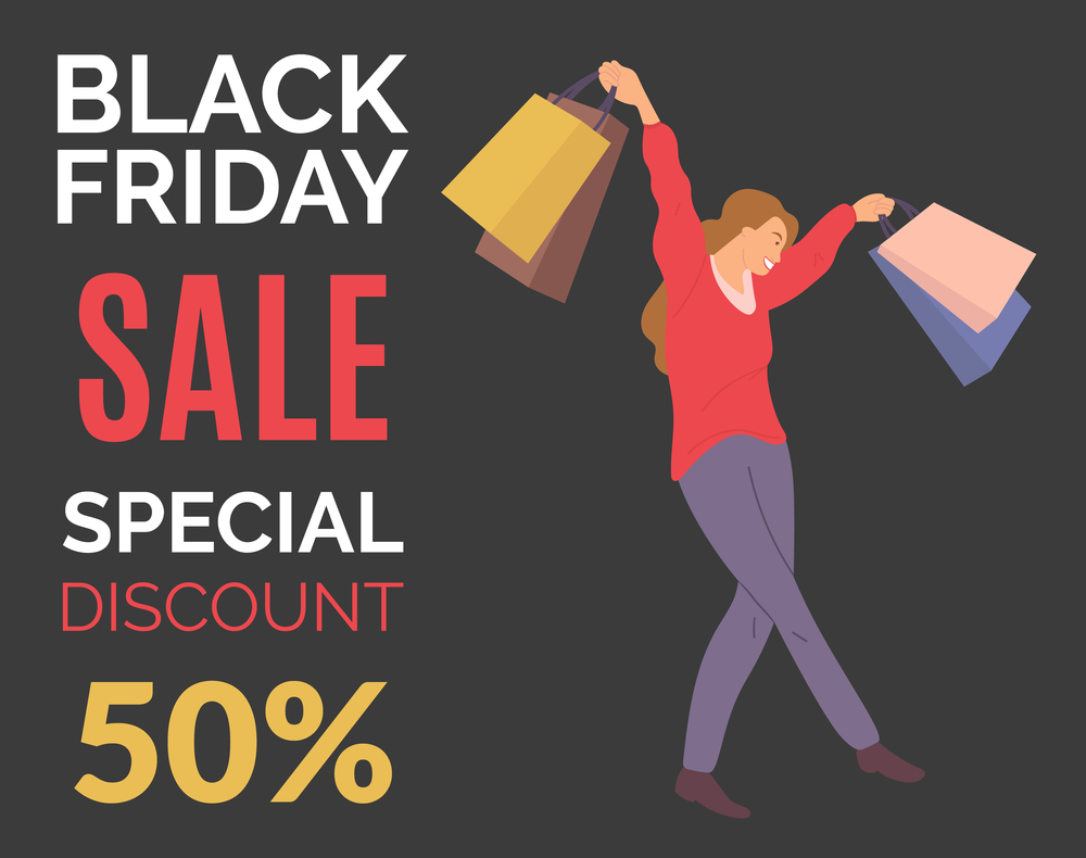 Young beautiful happy girl buys presents on the sale. Female character with shopping bags in her hands on the black friday. Announcement of a fifty percent discount. Special offer in the store. Announcement of a fifty percent discount. Girl with colorful packages during the black friday