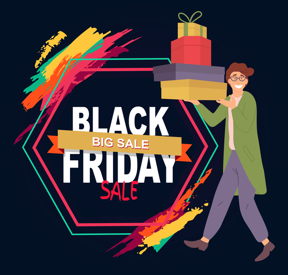 Big sale announcement. Man is standing with colorful boxes in his hands. Young handsome fashion shopper guy during the black friday. Male character in store buying christmas presents for the holiday. Big sale announcement. Man buys gifts for holiday. Guy with colorful boxes during the black friday