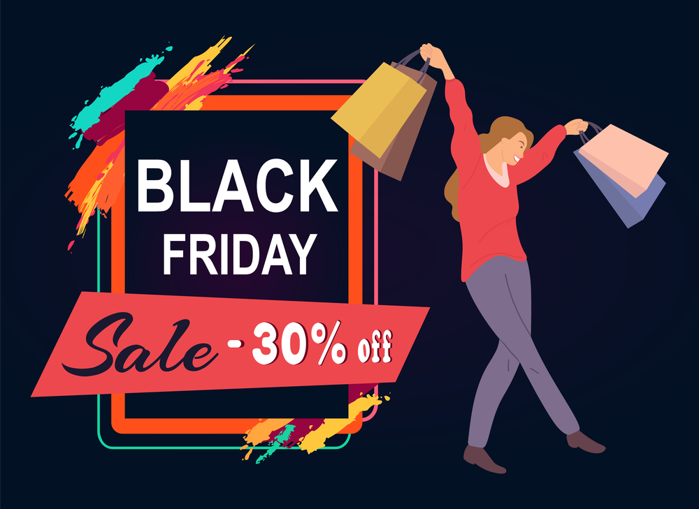 Thirty percent discount announcement. Sale advertisement. Happy woman with shopping bags in her hands. Young beautiful girl picks up multi-colored packages with clothes. Female character shopping. Thirty percent discount announcement. Girl with colorful package shopping during the black friday