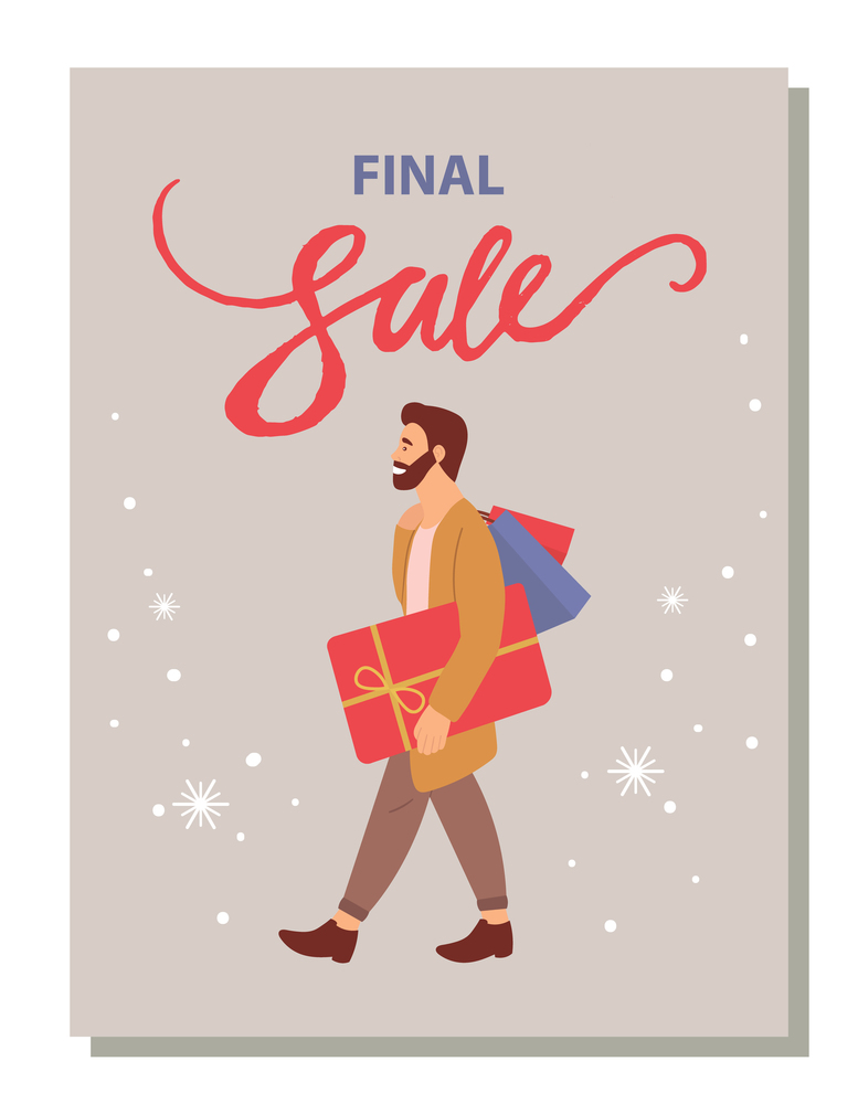 Final sale announcement in store. Photo of a serious bearded man with gift boxes on the postcard cover. Young handsome fashion guy isolated on grey background. Male character buying christmas presents. Final sale announcement in the store. Photo of a serious man with gift boxes on the postcard cover