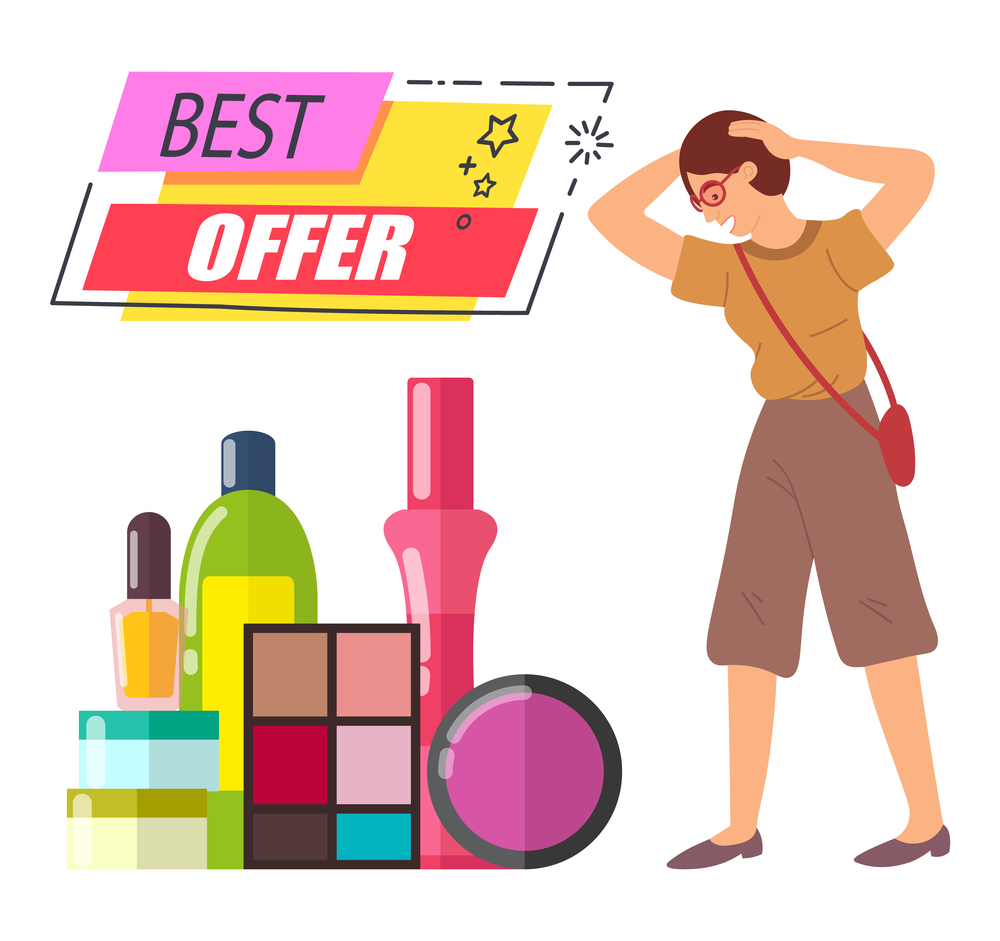 Announcement of the best product offer in the store. Young beautiful woman stands and looks in amazement at the cosmetics. Female character with a large set on the floor isolated on white background. Announcement of the best product offer in the store. Girl looks in surprise at a cosmetics on floor