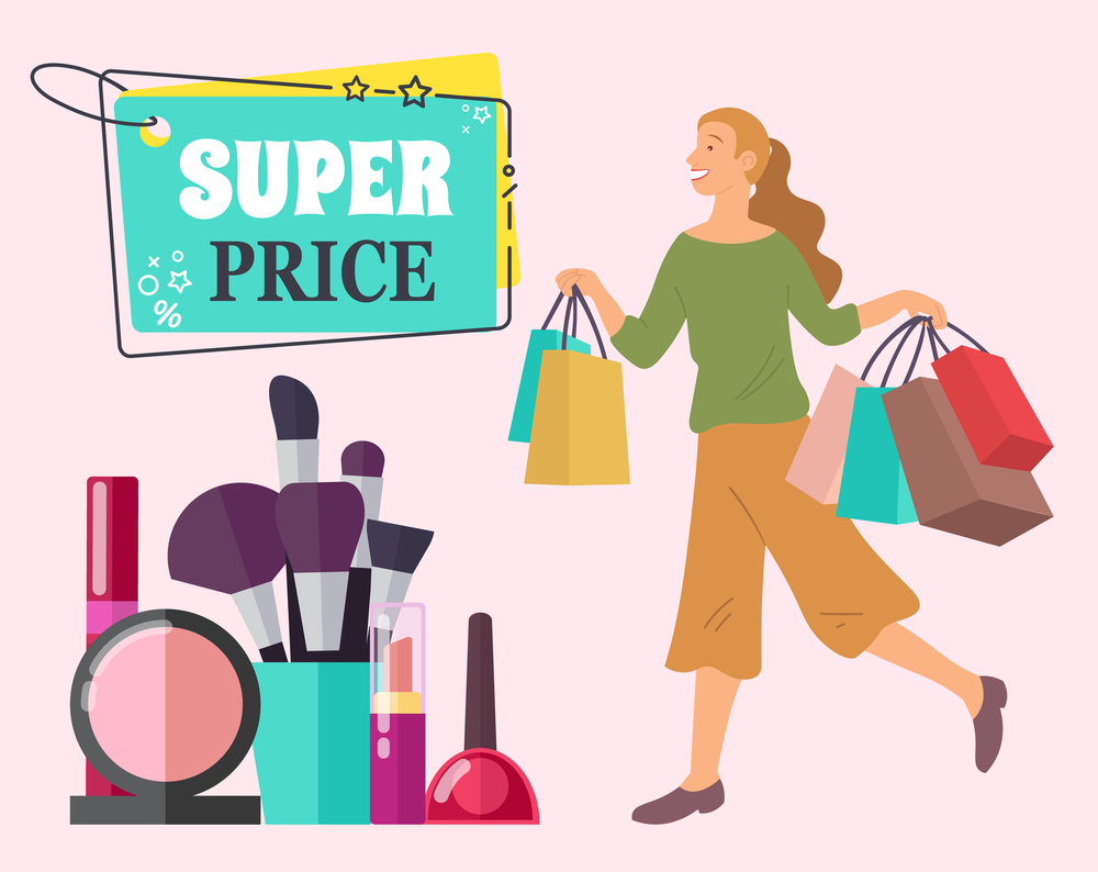 Announcement of the super price in the store. Large set of cosmetics. Smiling woman with shopping bags. Young beautiful happy girl is picking up multi-colored packages with clothes and shopping. Announcement of the super price in store. Large set of cosmetics. Smiling woman with shopping bags