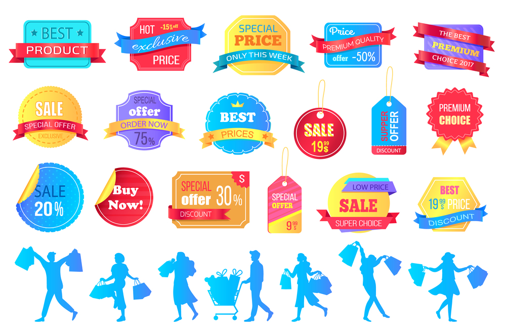 Set of big sale banners on white background. Discount special offer. End of season special proposition banner. Best price advertising poster with people silhouettes happy buyers holding purchases. Set of big sale banners on white background. Best price advertising poster with people happy buyers