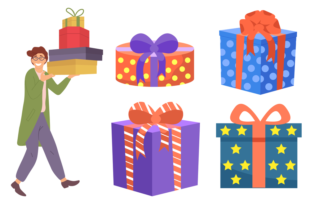 Smiling man is standing with presents in his hands. Young handsome fashion shopper guy near big gift boxes. Male character in store is buying presents for the holliday and holding purchases. Smiling man is holding colorful presents in his hands. Young shopper guy near big gift boxes