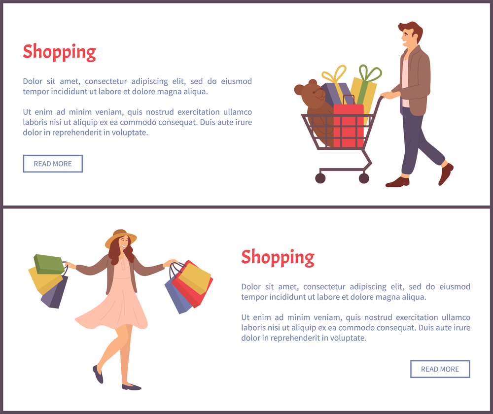 Set of illustrations on the topic of online shopping. A couple is buying gifts for the holiday. A smiling man with gift boxes and toy bear in the shopping cart. People shopping with text on background. Set of illustrations on the topic of online shopping. A couple is buying gifts for the holiday