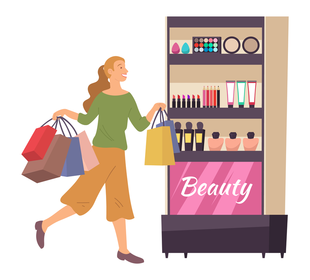 Smiling woman with shopping bags. Young girl picks up multi-colored packages with toiletry. Female character with packages in her hands shopping in a cosmetics store. Person getting ready for makeup. Smiling woman shopping in a cosmetics store. Young fashion girl picks up packages with toiletry
