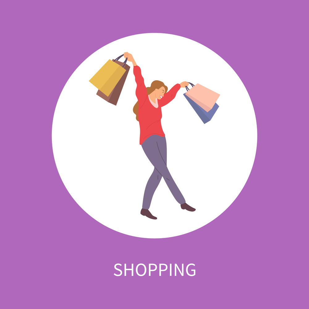 Thirty percent discount announcement. Sale advertisement. Happy woman with shopping bags in her hands. Young beautiful girl picks up multi-colored packages with clothes. Female character shopping. Thirty percent discount announcement. Girl with colorful package shopping during the black friday