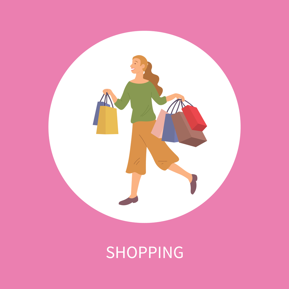 Big sale announcement. Only this week. Smiling woman with shopping bags in her hands. Young beautiful happy girl jumps and picks up multi-colored packages with clothes. Sale advertising in the store. Big sale announcement. Only this week. Woman with shopping bags. Girl jumps and picks up packages