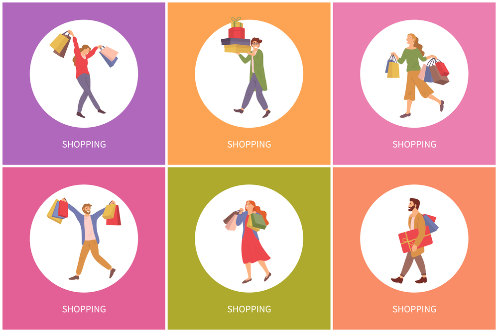Set of color illustrations on the theme of shopping. People with packages with purchases in their hands. Group of characters buying gifts for holiday. Guys with presents preparing for the celebration. Set of color illustrations on the theme of shopping. Men and women with shopping bags in their hands