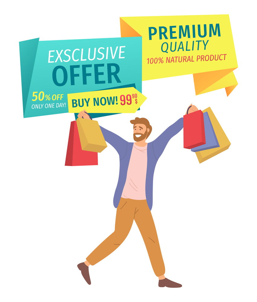 Advertising of an exclusive offer and premium quality. Natural products in the store. Man with shopping bags is smiling happily. Young handsome fashion shopper guy picks up multi-colored packages. Ad of an exclusive offer and premium quality. Natural products. Man is standing with shopping bags