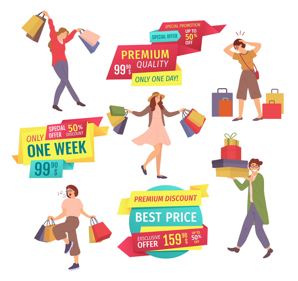 People during premium discounts in the store. Men and women with shopping bags. Best price and high quality. Exclusive offer for one week only. Group of characters is buying gifts fot holiday. People during discounts in the store. Customers with shopping bags. Best price and premium quality