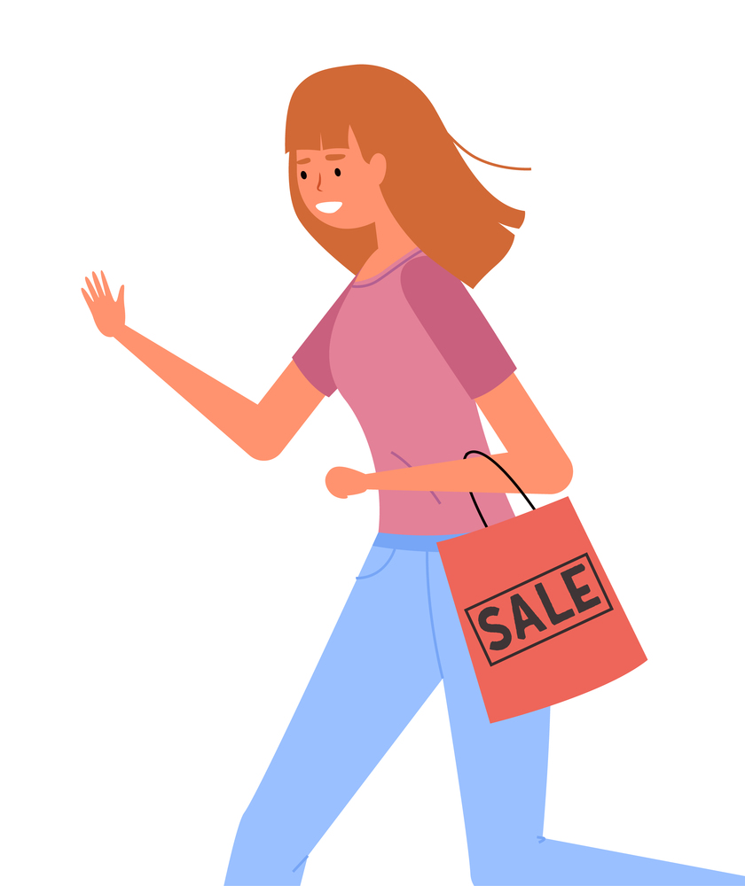 Woman with shopping bag in her hands goes after purchases. Young beautiful fashion shopper girl isolated on white background. Female character is in a hurry to shop. Shopper during the sale in a store. The girl with a pink package in her hands goes shopping. Shopper during the sale in the store