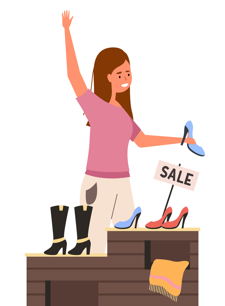 A girl with a shoe in her hands raises her hand. Shopper in a footwear shop. Female character on sale is selling or buying clothes in a store. Woman is standing next to the counter with shoes. A girl with a shoe is raising her hand. Shopper in a footwear shop. Woman on sale in the store