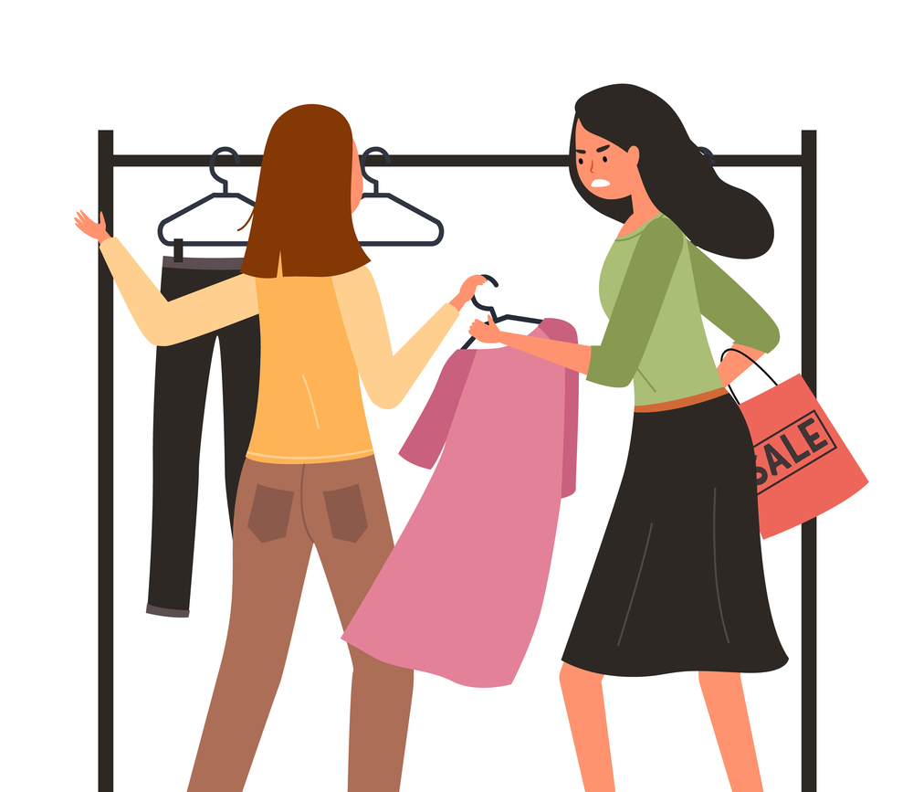 The girls in the store are fighting over the dress. Woman in a store with clothes is choosing a garment. Angry female character is standing with a hanger in her hands. Buyers during the sale. The girls in the store are fighting over the dress. Woman in a store with clothes chooses a garment