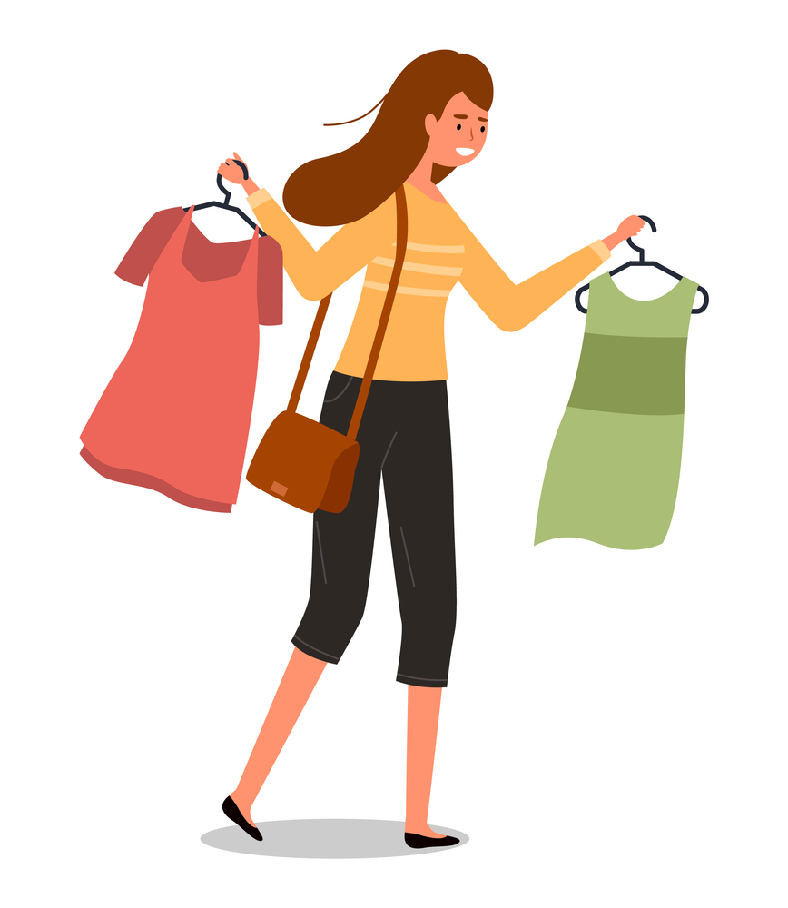 The girl with a hangers with t-shirts in her hands goes shopping. Buyer is selecting clothes in a store. Young beautiful fashion girl isolated on white background. Shopper during the sale in a store. Girl with a hangers with t-shirts in her hands goes shopping. Buyer is selecting clothes in a store