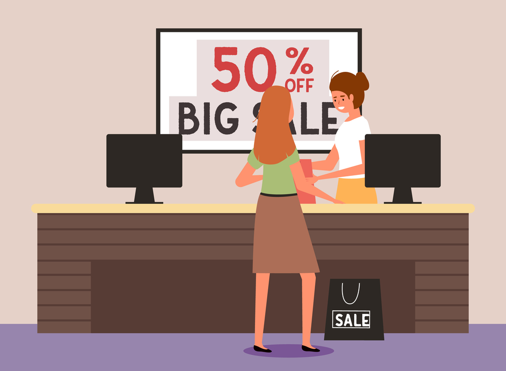 The girl is paying for the purchase at the checkout. A woman is buying clothes in the store. Cashier serves the client on sale. Female characters during shopping and fifty percent discounts. Girl pays for the purchase at the checkout. Woman buys clothes in a store. Cashier serves the client