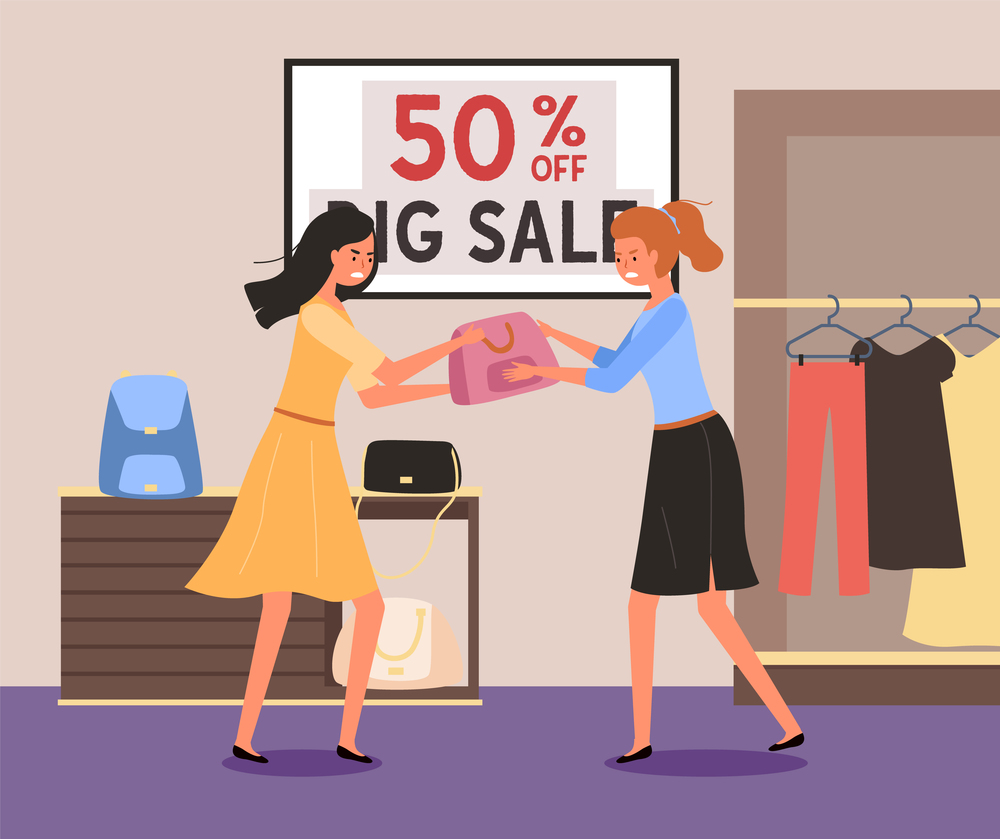 Girls are fighting over the bag. Woman in store are arguing during the sale. Discounts in boutique. Angry female characters are standing with a pouch in their hands. People debating about clothes. Girls are fighting over the bag. Woman in store are arguing during the sale. Discounts in boutique