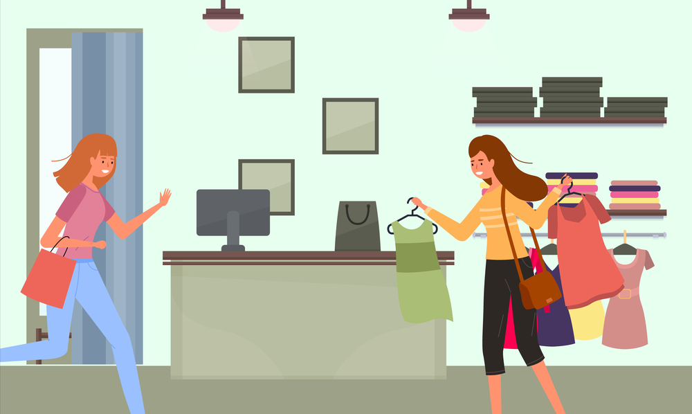 The girl with a hangers with t-shirts goes shopping. Female character is in a hurry to shop. Young beautiful fashion girl isolated on white background. Person with a pink package in her hands. Woman with a hangers with t-shirts goes shopping. The girl with a pink package in her hands