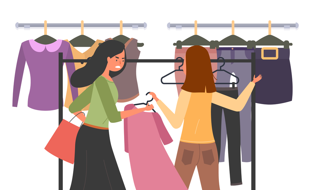 Girls in the store are fighting over the dress. Angry female character is standing with a hanger in her hands. Buyers during the sale and discount. Quarrel of women during Black Friday in the store. Girls in the store are fighting over the dress. Angry woman stands with a hanger and chooses clothes