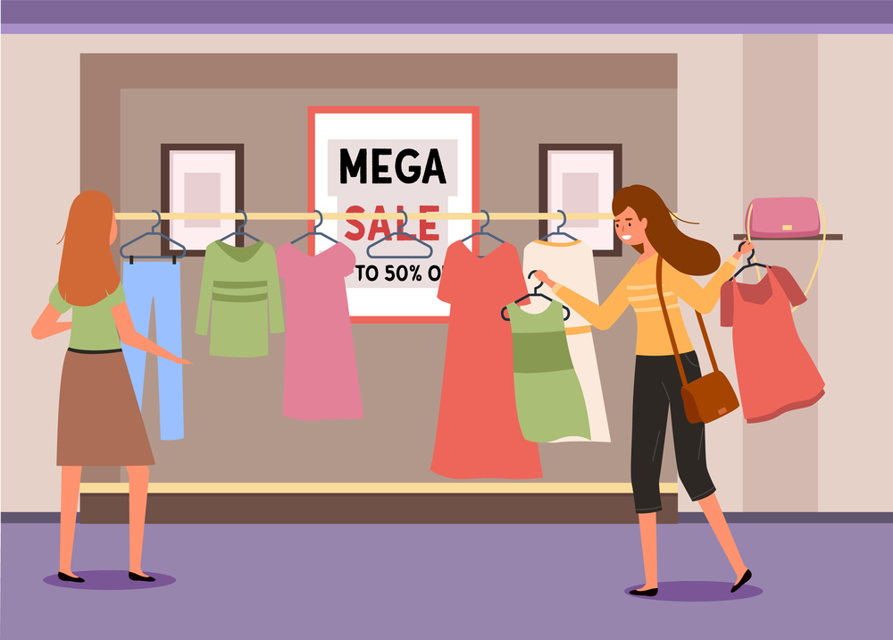 The girl with a hangers with t-shirts shopping. Buyer is selecting clothes in a store. Women choosing garments during a sale. Female characters with purchases communicate and spend time in the store. Girl with a hangers with t-shirts in her hands shopping. Women choosing garments during a sale