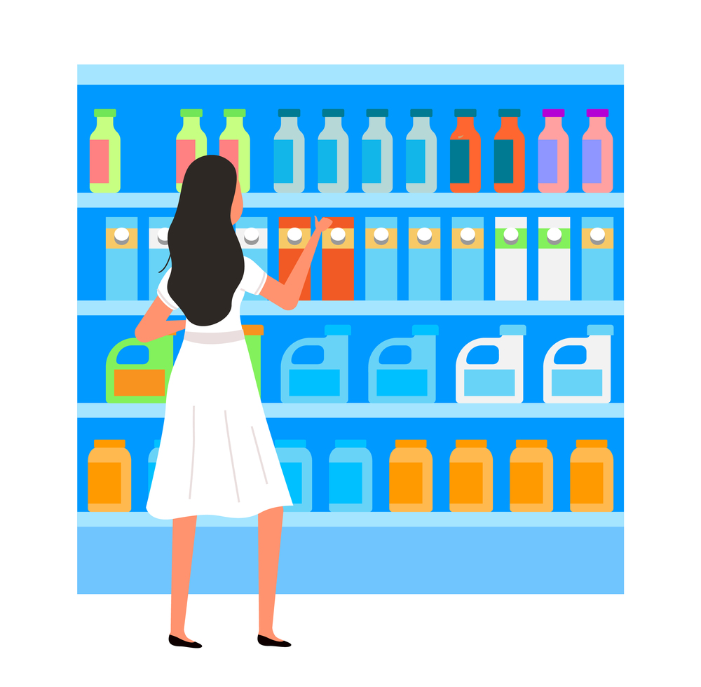 Girl next to the counter. Supermarket sales and discounts. Shopping in the store. Woman in the shop is buying detergents. Female character shopping with a choice between cleaning powders and liquids. The girl next to the counter is choosing goods. The woman in the store is buying detergents