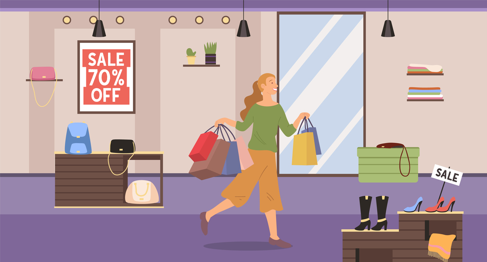 Smiling woman with shopping bags. Young beautiful happy girl picks up packages with clothes. Female character with purchases in her hands. Shopper in boutique during seventy percent discount. Young girl picks up packages with clothes. Shopper in boutique during seventy percent discount