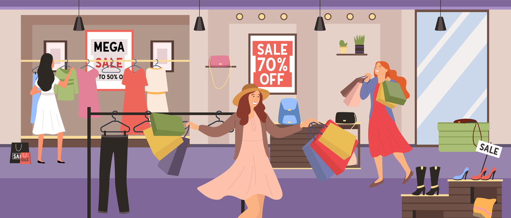 Buyer is selecting cloting. Women choosing garments during a sale. Female characters with purchases spend time in the store. Young girl jumps and picks up multi-colored packages with clothes. Young happy girl jumps and picks up packages. Women choosing garments during a sale and shopping