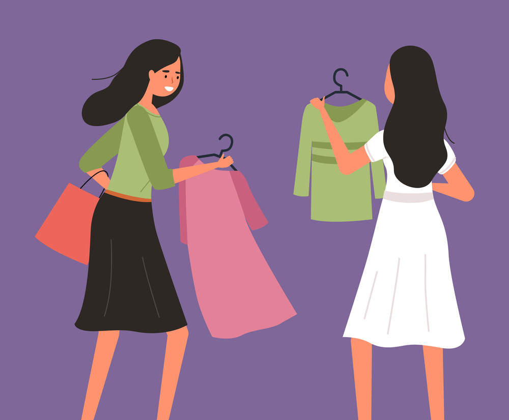 Girl with hanger is shopping. Buyer is selecting clothes in a store. Women choosing garments during a sale. Female characters with purchases spend time together. Woman showing dress to her friend. Girl with a hangers with dress in her hands shopping. Women choosing clothes during a sale