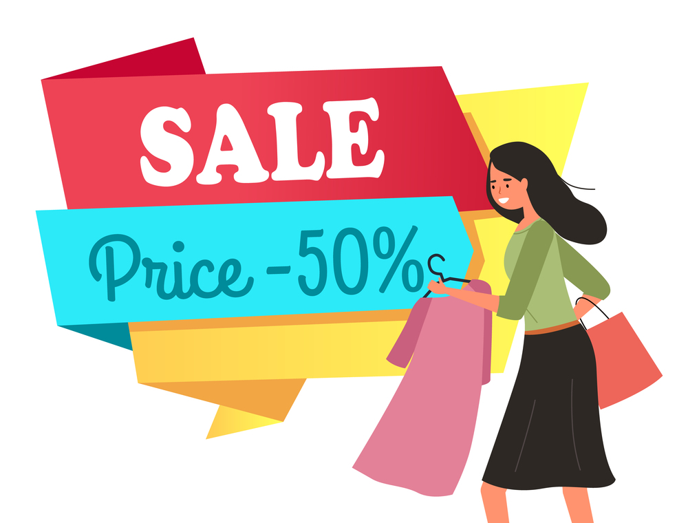 The girl with a hanger withdress in her hands goes shopping. Buyer is selecting clothes in the shop. Young beautiful fashion girl during a fifty percent discount. Shopper on the sale in a store. Girl with a hanger with dress in her hands goes shopping. Buyer during a fifty percent discount