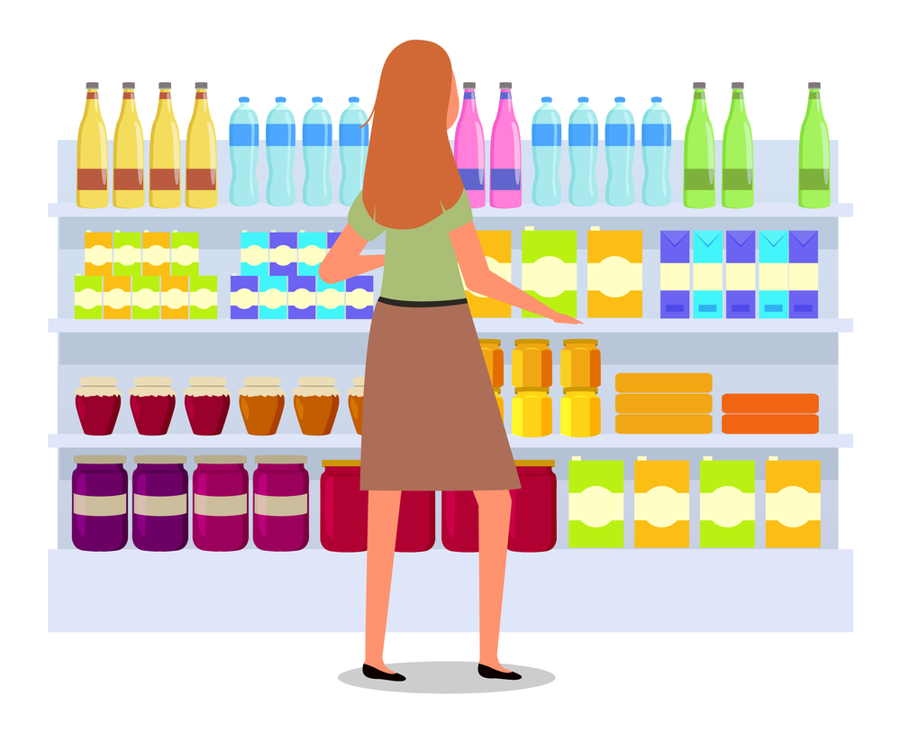 Girl next to the drinks counter. Supermarket sales and discounts. Shopping in the store. Woman in the shop is buying liquid. Female character shopping makes a choice between bottles and jars. The girl next to the drinks counter is choosing goods. The woman in the store is buying liquid
