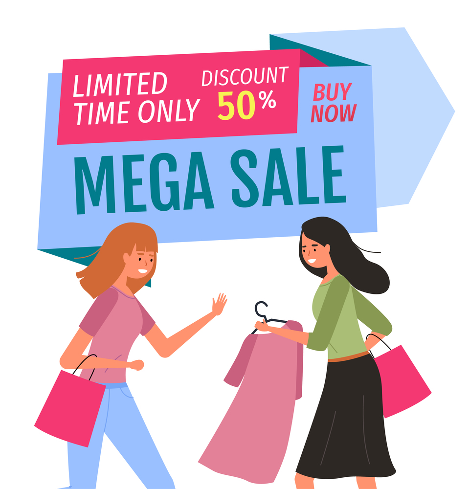 Girl with hanger shopping. Buyers are selecting clothes in a store. Mega sale and limited-time discount concept. Female characters with purchases spend time together. Woman showing dress to her friend. Girl with a dress in her hands shopping. Women during mega sale and limited-time discount