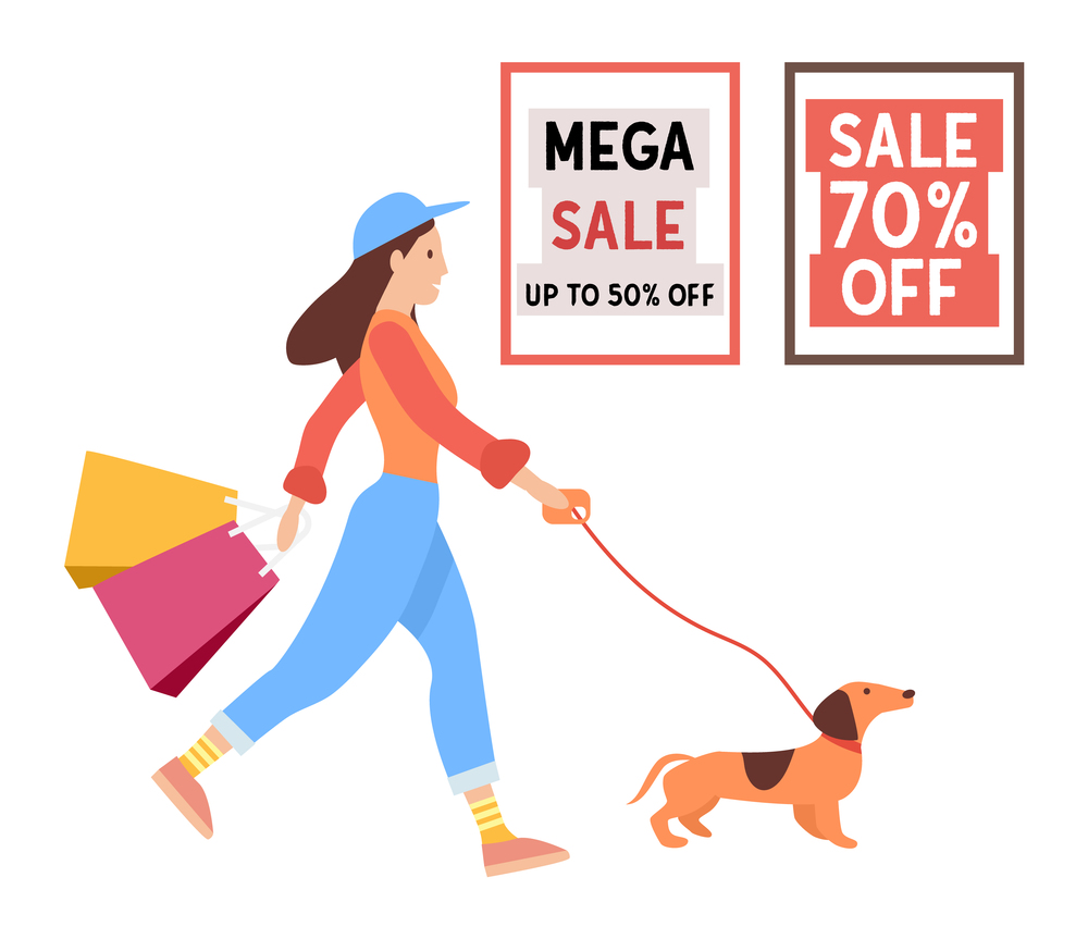 Woman with shopping bags in her hands goes after purchases. Young beautiful girl isolated on white background. Female character is walking with the dog. Sale announcement and fifty percent discounts. Young fashion shopper girl is walking with the dog. Sale announcement and fifty percent discounts