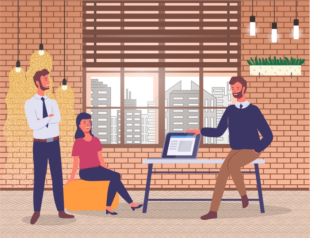 Man sits on table with laptop, girl sits on comfortable yellow pouf, bearded guy stands with his arms crossed. Brick conceptual walls, ceiling lights, panoramic windows, cityscape. presentation. Office staff in a modern office, brick walls, laptop, furniture, ceiling lights. Flat vector image