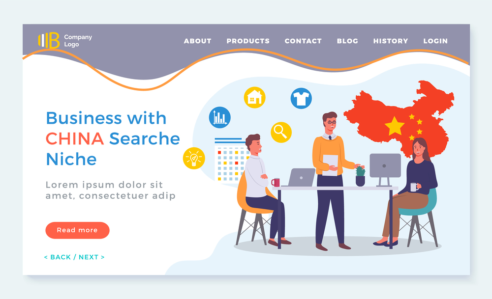 Landing page business with China Searche Niche. Chinese red map, stars, people at conference table. Man with document, woman uses monoblock, guy behind laptop. Calendar, planner, site infographics. Shopping site template. Trade with China. Map, calendar, employees sitting at table, negotiations