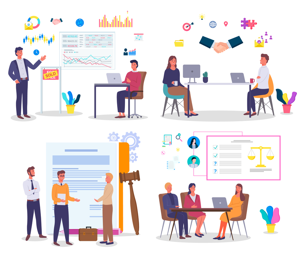 Set of images office workers, workflow. Managers, lawyers, litigation, marketers, teamwork. Planning, contracting, make deal, financial consulting Infographic icons Flat image for landing pages. Office workers. Finance, consulting, judicial sports, lawyers. Managers, employees, partners