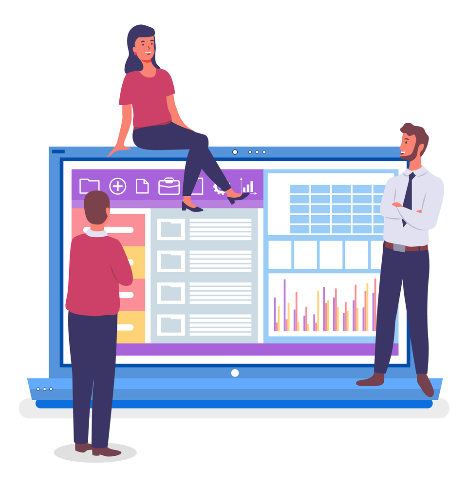 Large concept laptop with bar chart, analytic data. Bearded man stands on laptop, guy, back view, stands with his arms crossed. Woman sitting on top of screen. Infographic icons. Flat vector image. Huge conceptual laptop with analytic data, group of people near device. Office workers. Flat image