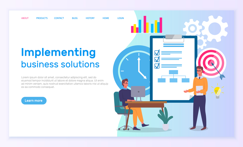 Landing page implementing business solutions. Manager sits at table with laptop, office worker points to clipboard with check markers. Target, arrow, bar chart, infographic icons. User interface. Implementing business solutions side template. Checklist, employees monitor data, analytics
