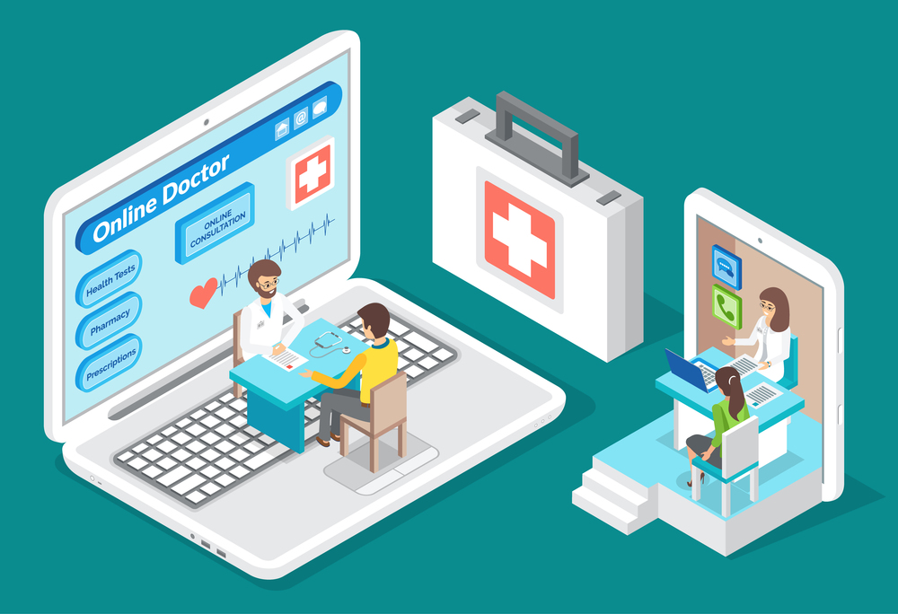 Isometric image of male doctor and male patient. Visit of female patient to female therapist. First aid. Online medical consultation and online doctor conception. Laptop with cartoon medicine theme. Concept of doctoral online consultation. Doctor s appointment online. Cartoon isometric style
