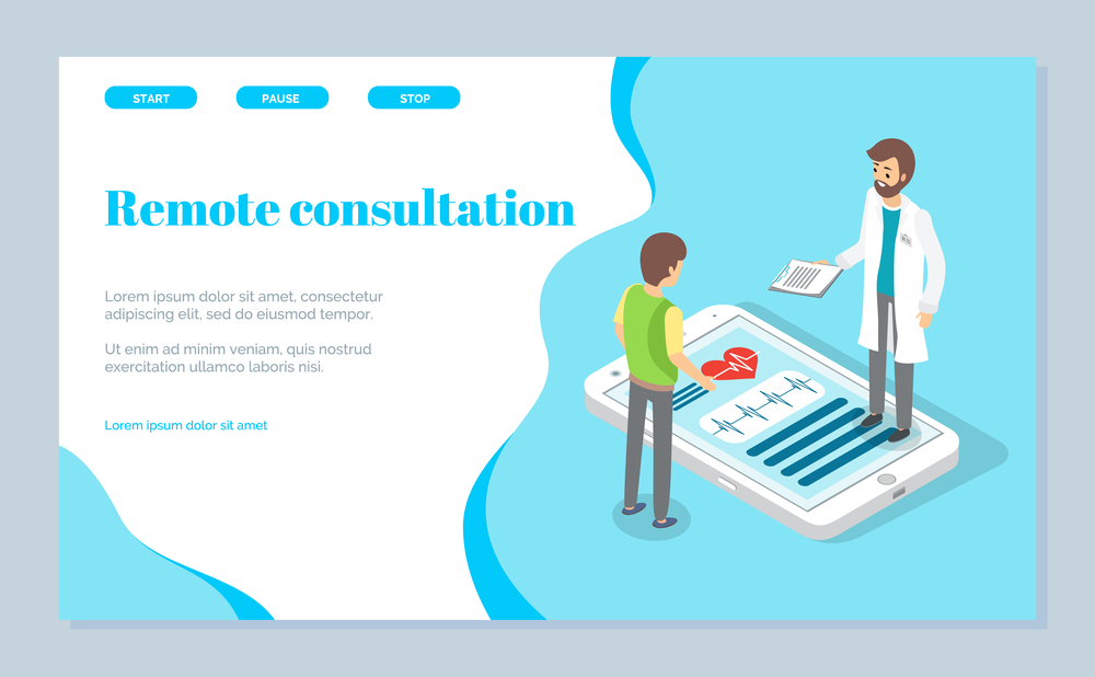 Landing page of remote medical consultation. The beginning of consultation and the end. online medicine concept. Doctor is standing on a huge smartphone screen and examining to a patient. Flat image. Doctor remotely consults a patient. Huge smartphone screen with cardiogram and heart. Heart care