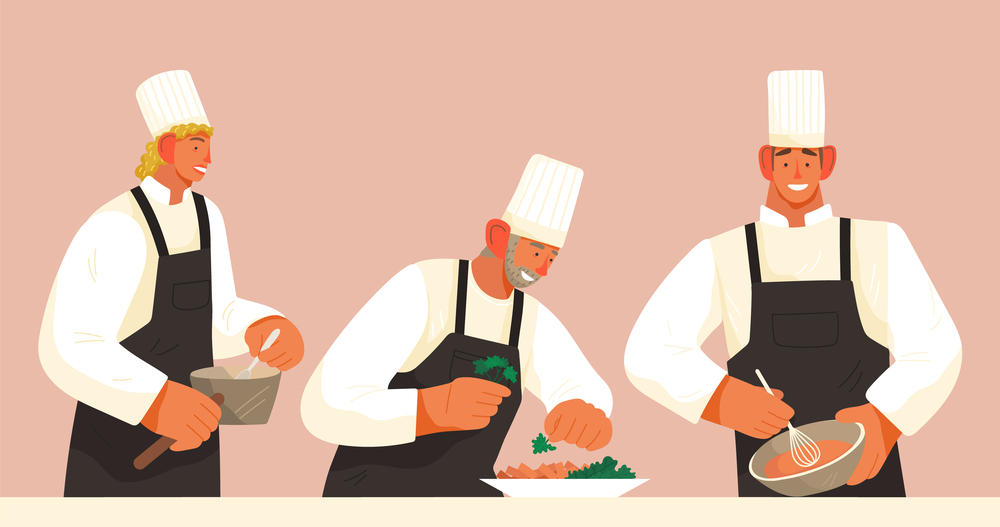 Chef and cooks prepare dishes. Catering and eating out . Cook s profession. Restaurant menu. Sous chef cooks dish, puts greens on a plate. Male cook beat sauce with a whisk. Flat image illustration. Chefs prepare dishes in the restaurant kitchen for visitors. Catering. Flat image illustration