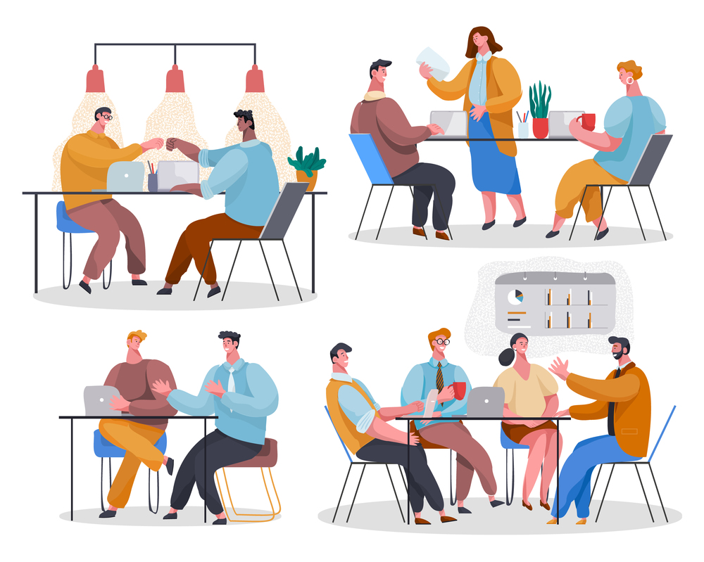 Set of office staff. Woman reading document. Colleagues give 5 at desktop. Employees discuss project. The team listens to leader, communicate, chat, gossip. Cartoon vector characters in office. Set of office staff. Employees engaged in various business activities. Study data, brainstorming