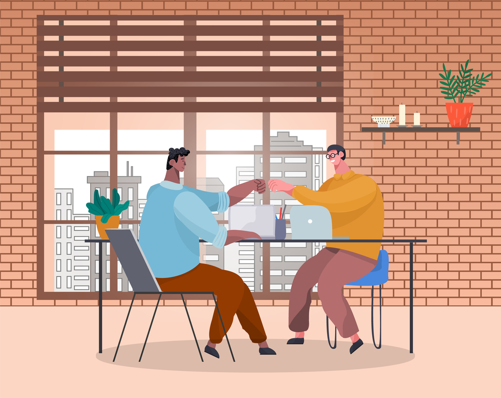 Men office workers fists bumping at table with laptops. Victory celebration, business cooperation. Team building. Teamwork. Office space, brick walls, bookshelf, potted plant. Flat vector image.. Fists bumping colleagues as sign of cooperation, sitting at office table. Teamworking. Office space