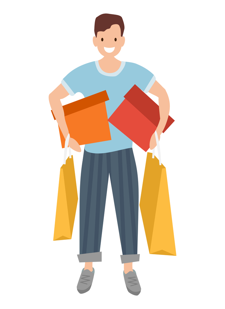 Man with shopping bags in his hands is smiling. Young handsome fashion shopper guy standing and holding colorful boxes. Sale advertising concept. Male character with containers and packages. Man with shopping bags in his hands. Young fashion shopper guy standing and holding colorful boxes