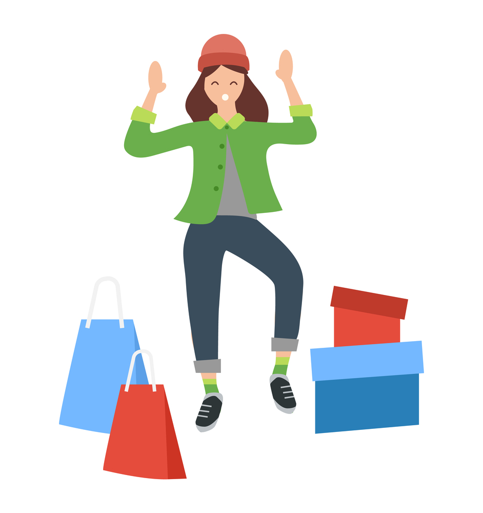 Woman with shopping bags and colorful boxes. Young beautiful fashion shopper girl isolated on white background. Female character is happy about the purchase. Woman in hat is dancing near containers. Woman with shopping bags and colorful boxes. Young fashion shopper girl is happy about the purchase