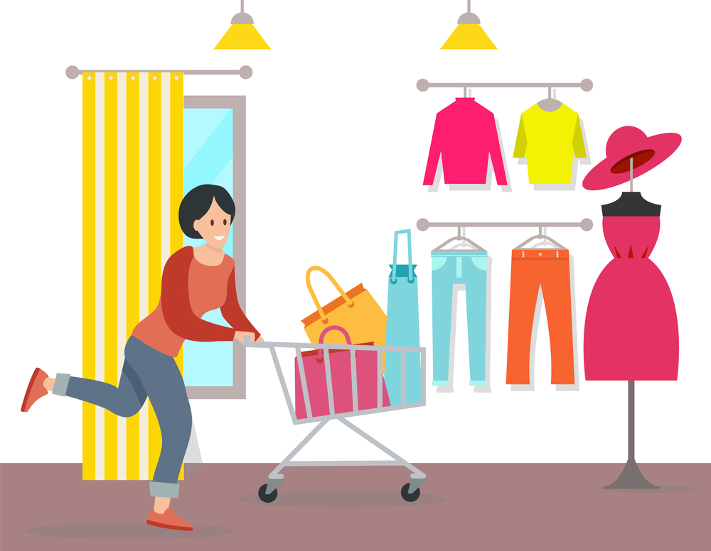 Young beautiful fashion shopper girl in the store. Female character with bags for purchases in the shopping cart. Woman shopping in the boutique. Selling clothes, accessories and shoes for clients. Woman shopping in a mall vector illustration. Girl with bags for purchases in the shopping cart