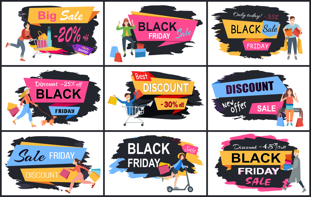 Set of illustrations on the theme of discounts and black friday. People with purchases rush to the sale. Girls and boys are going shopping in the store. Advertising and marketing in the background. Set of illustrations on the theme of discounts and black friday. People with purchases rush to sale