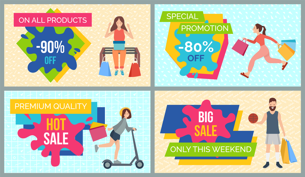 Set of illustrations on the theme of discounts and black friday. People with purchases rush to the sale. Girls and boys are going shopping in the store. Advertising and marketing in the background. Set of illustrations on the theme of discounts and black friday. People with purchases rush to sale
