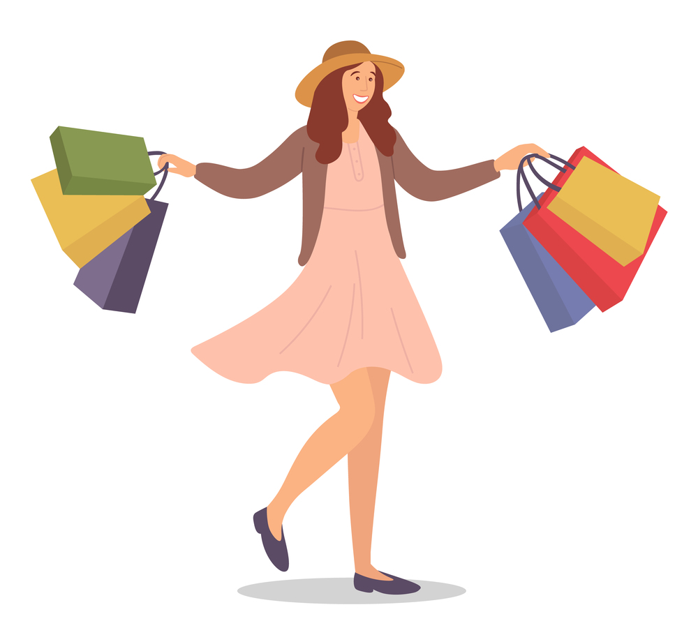 Smiling woman with shopping bags in her hands. Young beautiful happy girl jumps and picks up multi-colored packages with clothes. Female character with purchases in her hands on white background. Woman is standing with shopping bags in her hands. Young happy girl jumps and picks up packages