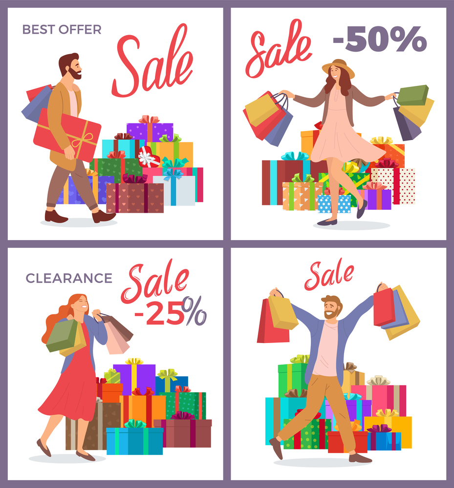 Set of illustrations on the theme of the holiday sale and discounts. People buy gifts for the holiday. The group rejoicing with packages with purchases in their hands. Big boxes on the background. Set of illustrations on the theme of holiday sale and discounts. People buy gifts for the holiday