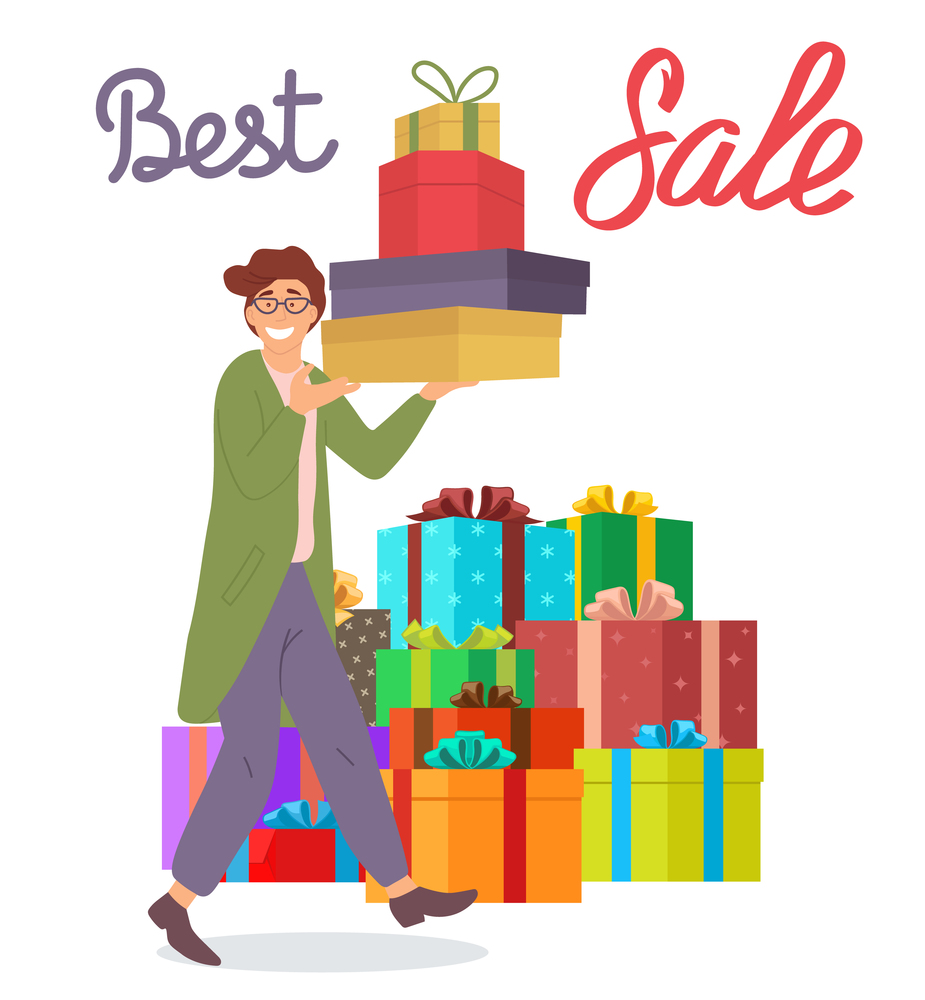 Smiling man with gift boxes in his hands. Young handsome fashion shopper guy with big presents on the background. Holliday sale and shopping concept. Male character in store preparing for the holiday. Smiling man with gift boxes in his hands. Young shopper guy with big presents on the background